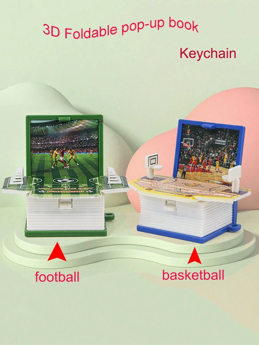 1pc Creative Sports-Style 3D Foldable Book Keychain, Football/Basketball Foldable Book Keychain, Gifts For Football & Basketball Fans (Random Sticker Design And Court Color) - Multicolor - View 1