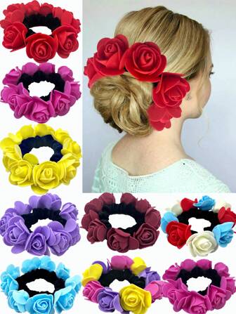 1个泡沫玫瑰花布艺发圈，适合女士在海滩度假时打造丸子头造型，猫耳发圈，马尾辫发圈，橡皮筋发圈，发绳，弹性发圈，发圈，发饰，礼物