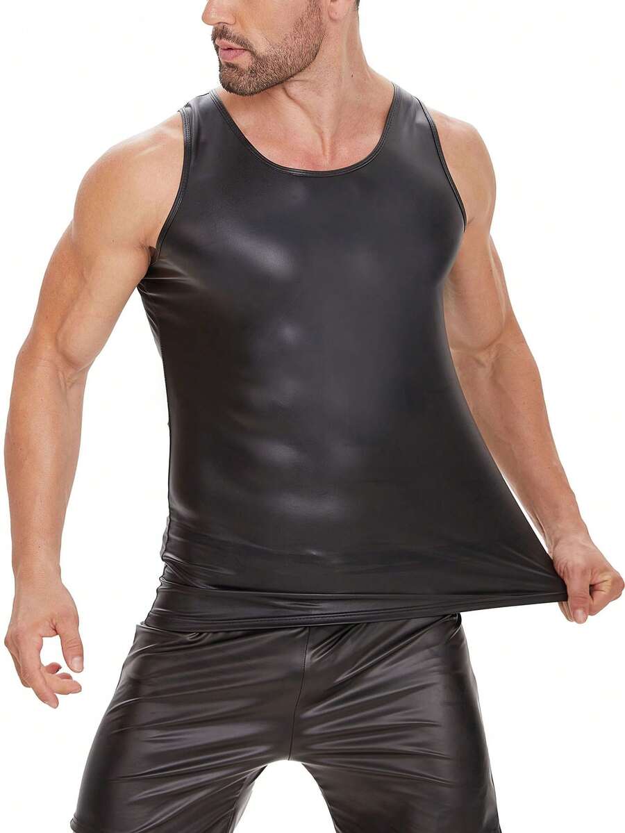 Plus Size Men Shiny Leather Tank Top Soft Matte Leather TShirts