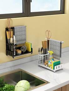 This Dishcloth Storage Rack Is Designed To Hold Multiple Dishcloths Or Towels, Keeping Your Kitchen Organized And Tidy. It Is The Perfect Storage Solution For Any Kitchen. The Dishcloth Storage Rack Is Not Just For Dishcloths. It Can Also Be Used To Store Kitchen Towels, Gloves, And Other Kitchen Essentials. It Can Be Used Stand-Alone Or Mounted On The Wall To Save The Minimal Amount Of Space In Your Kitchen. Made Of Sturdy Metal, It Ensures To Withstand The Test Of Time. The Surface Is Rust-Resistant And Aesthetically , Blending In Well With Any Kitchen Decor. - Black - View 3
