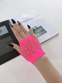 1對女士短款龐克風中空魚網性感無指手套，哥德風格鑲有鑽石的半指袖套 - 彩色 - 查看 10