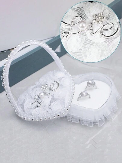 1 件结婚戒指枕、迷你花童手持心形戒指枕、爱心水晶镶嵌、求婚订婚戒指盒、花边蝴蝶结戒指架首饰盒