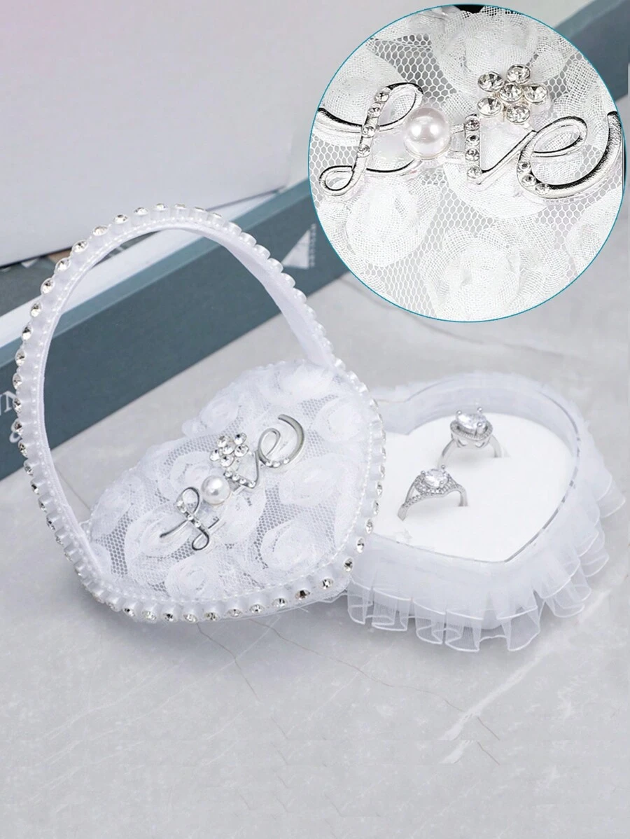 1 件结婚戒指枕、迷你花童手持心形戒指枕、爱心水晶镶嵌、求婚订婚戒指盒、花边蝴蝶结戒指架首饰盒