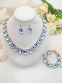 4pcs Artificial Crystal Fashionable Mocha Pink & Mocha Blue Earrings, Bracelet, Necklace Set For Women - Crystal Set - View 5