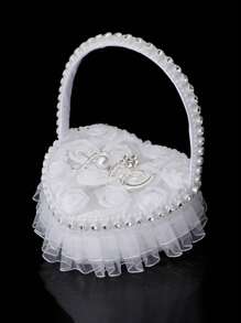 1 件结婚戒指枕、迷你花童手持心形戒指枕、爱心水晶镶嵌、求婚订婚戒指盒、花边蝴蝶结戒指架首饰盒