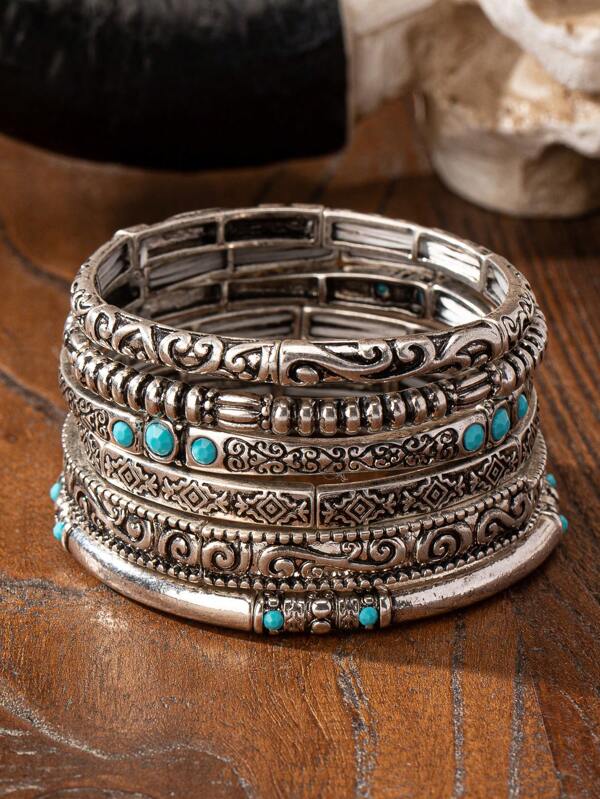 1 Pc Retro Western Cowgirl Blue Turquoise Beads Decor Metal Cuff Bangle Bracelet