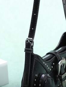 1 pieza Bolso de sobaco de unicolor estilo gótico de PU con remaches punk, bolso de hombro de motocicleta chica cool y dulce para San Valentín - Negro - Ver 6