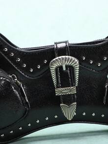 1 pieza Bolso de sobaco de unicolor estilo gótico de PU con remaches punk, bolso de hombro de motocicleta chica cool y dulce para San Valentín - Negro - Ver 5