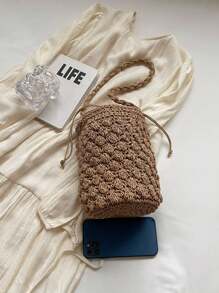 圓形編織手提包，水桶草編袋，假期和休閒手提袋，肩袋