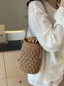 圓形編織手提包，水桶草編袋，假期和休閒手提袋，肩袋