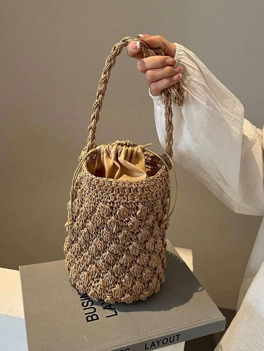 圓形編織手提包，水桶草編袋，假期和休閒手提袋，肩袋