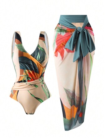 2pcs Summer Digital Print With Tie Front Beachwear Set - Swimsuit & Sarong Skirt