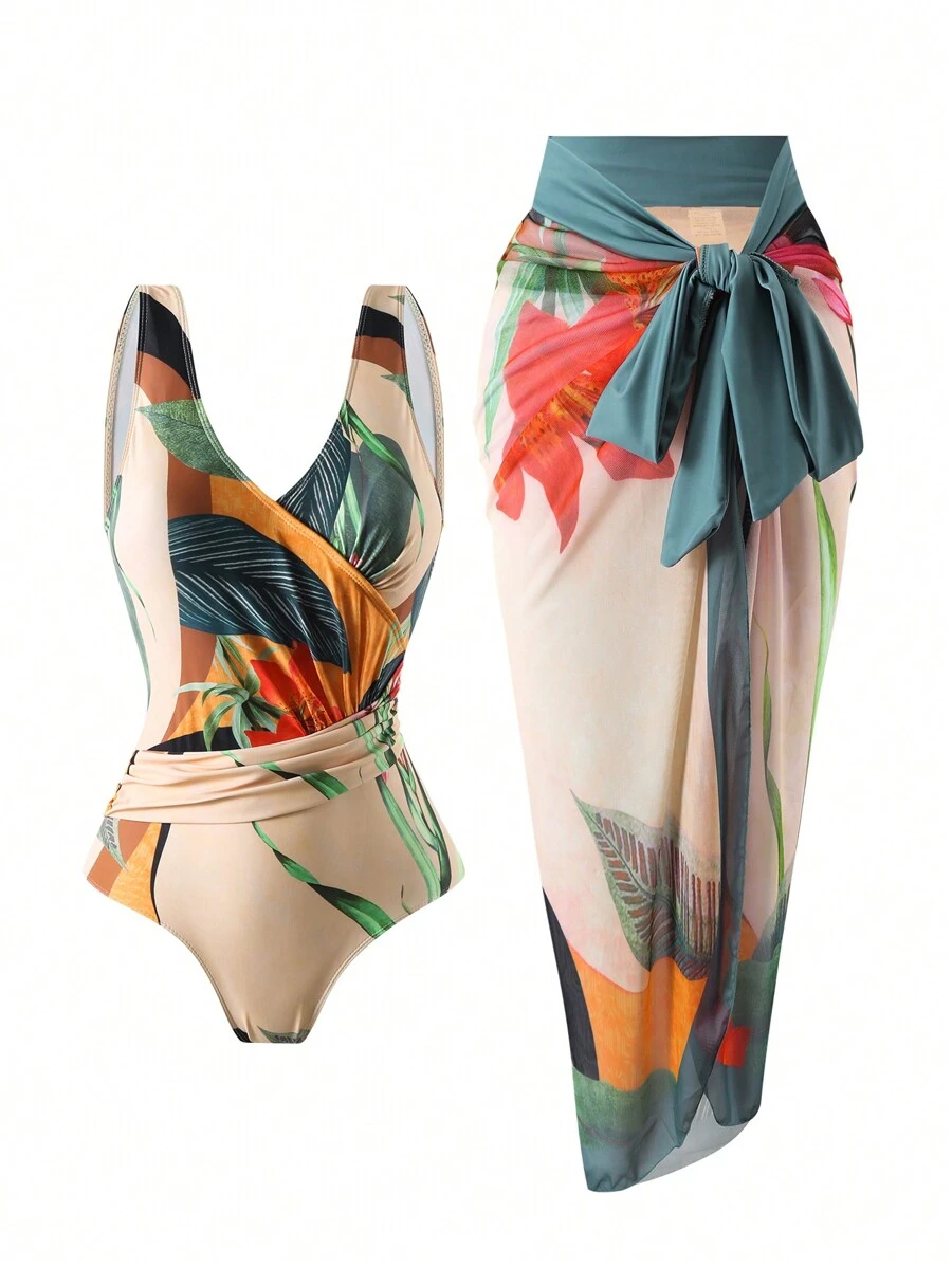 2pcs Summer Digital Print With Tie Front Beachwear Set - Swimsuit & Sarong Skirt - Khaki - View 1