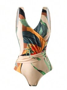 2pcs Summer Digital Print With Tie Front Beachwear Set - Swimsuit & Sarong Skirt - Khaki - View 3