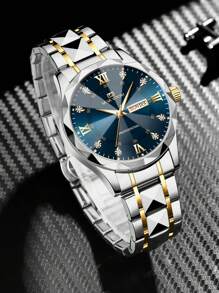 VA VA VOOM Relógio de quartzo masculino, com estilo elegante e luxuoso, com escalas de strass de feng shui, movimento de calendário duplo, com aplicações de aço inoxidável, luz noturna, nas cores azul e dourado, adequado para uso casual, elegante e para negócios, podendo ser utilizado como presente do Dia dos Pais ou para estudantes retornando à escola.