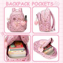 Mochila de 3 piezas con decoración de lazo y cinta para niñas con bolsa de almuerzo y estuche para lápices, mochila escolar impresa con amor para alumnos, bolsa de viaje, regalo para niñas en picnic - Rosa - Ver 4