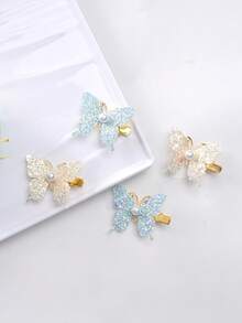 4入組多色女士髮飾，蝴蝶珍珠閃粉可愛側夾 - 彩色 - 查看 9