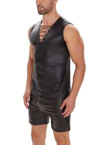 Plus Size Men Shiny Leather Tank Top Adjustable Soft Matte Leather T-Shirts Sleeveless Male High Elastic Shaping Vest