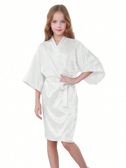 Peignoir confortable et doux de style japonais pour préadolescente, de couleur unie, à encolure en V, manches trois-quarts avec ceinture, longueur genoux, vêtements d'intérieur