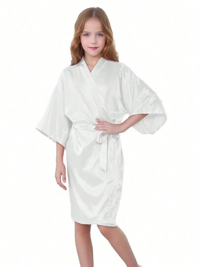 Tween Girl Bekväm och mjuk japansk stil V-ringad sju-kvarts ärm Enfärgad bältad knälång morgonrock, hemkläder