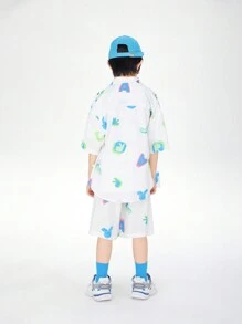 Annil Camisa para niños en el centro comercial, con camisa de manga corta estampada con cuello de solapa, nueva camisa informal suelta de verano