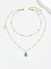 1入時尚復古風鈕扣設計綠松石橢圓和葉子形雙層不銹鋼項鍊，適用於女性，復古風格領飾，適用於慶祝場合和節日 - 金黃色 - 查看 6