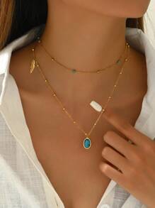 1入時尚復古風鈕扣設計綠松石橢圓和葉子形雙層不銹鋼項鍊，適用於女性，復古風格領飾，適用於慶祝場合和節日 - 金黃色 - 查看 1