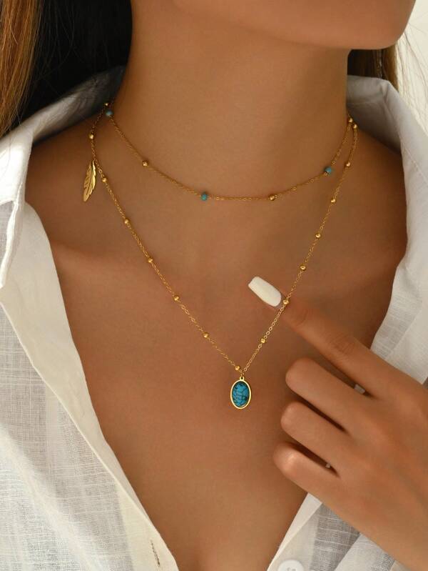 قلادة مزدوجة الطبقة حديثة بشكل الزهرة التركوازية الأنيقة والأوراق المصنوعة من الفولاذ المقاوم للصدأ للنساء، إكسسوار ذو أسلوب رجعي للاحتفالات والمهرجاناترمضان