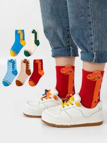 5 Pairs Cartoon Neck Dinosaur Design Children's Socks, Mid-Calf, For Spring And Autumn