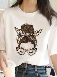 Camiseta de para mujer Gafas de leopardo Impresión de dibujos animados de mujer,Camiseta de verano de cuello redondo - Blanco - Ver 6