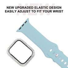 2 件/套手表壳系列配件兼容 硬质 PC 水钻保险杠外壳内置钢化玻璃膜，保护性闪亮面罩适合女士女孩 + 运动硅胶表带兼容 表带 40mm 38mm 41mm 44mm 45mm 42mm 49mm 女士男士，柔软腕带防水替换运动表带兼容 表带系列 9 8 7 6 5 4 3 2 1 SE Ultra - 天藍 - 查看 4