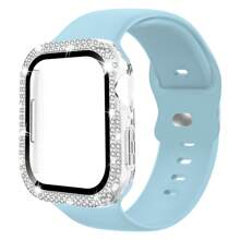 2 件/套手表壳系列配件兼容 硬质 PC 水钻保险杠外壳内置钢化玻璃膜，保护性闪亮面罩适合女士女孩 + 运动硅胶表带兼容 表带 40mm 38mm 41mm 44mm 45mm 42mm 49mm 女士男士，柔软腕带防水替换运动表带兼容 表带系列 9 8 7 6 5 4 3 2 1 SE Ultra - 天藍 - 查看 1