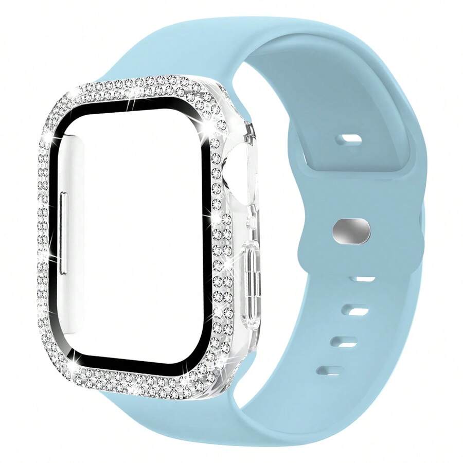 2 件/套手表壳系列配件兼容 硬质 PC 水钻保险杠外壳内置钢化玻璃膜，保护性闪亮面罩适合女士女孩 + 运动硅胶表带兼容 表带 40mm 38mm 41mm 44mm 45mm 42mm 49mm 女士男士，柔软腕带防水替换运动表带兼容 表带系列 9 8 7 6 5 4 3 2 1 SE Ultra - 天藍 - 查看 1