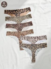 6入組女士多色豹紋無痕丁字褲，性感 - 彩色 - 查看 1