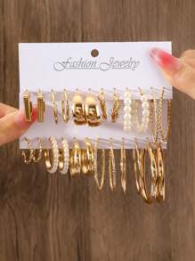 12pairs Classic Geometric C-Shape Hoop Earrings For Women, Holiday Couples & Girls Jewelry Gift - Gold - View 8