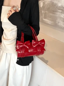 حقيبة يد دائرية خفيفة ومميزة بتصميم صيفي أحمر بالعقدة الزخرفية، مناسبة للفتيات الصغيرات للسفر والحفلات