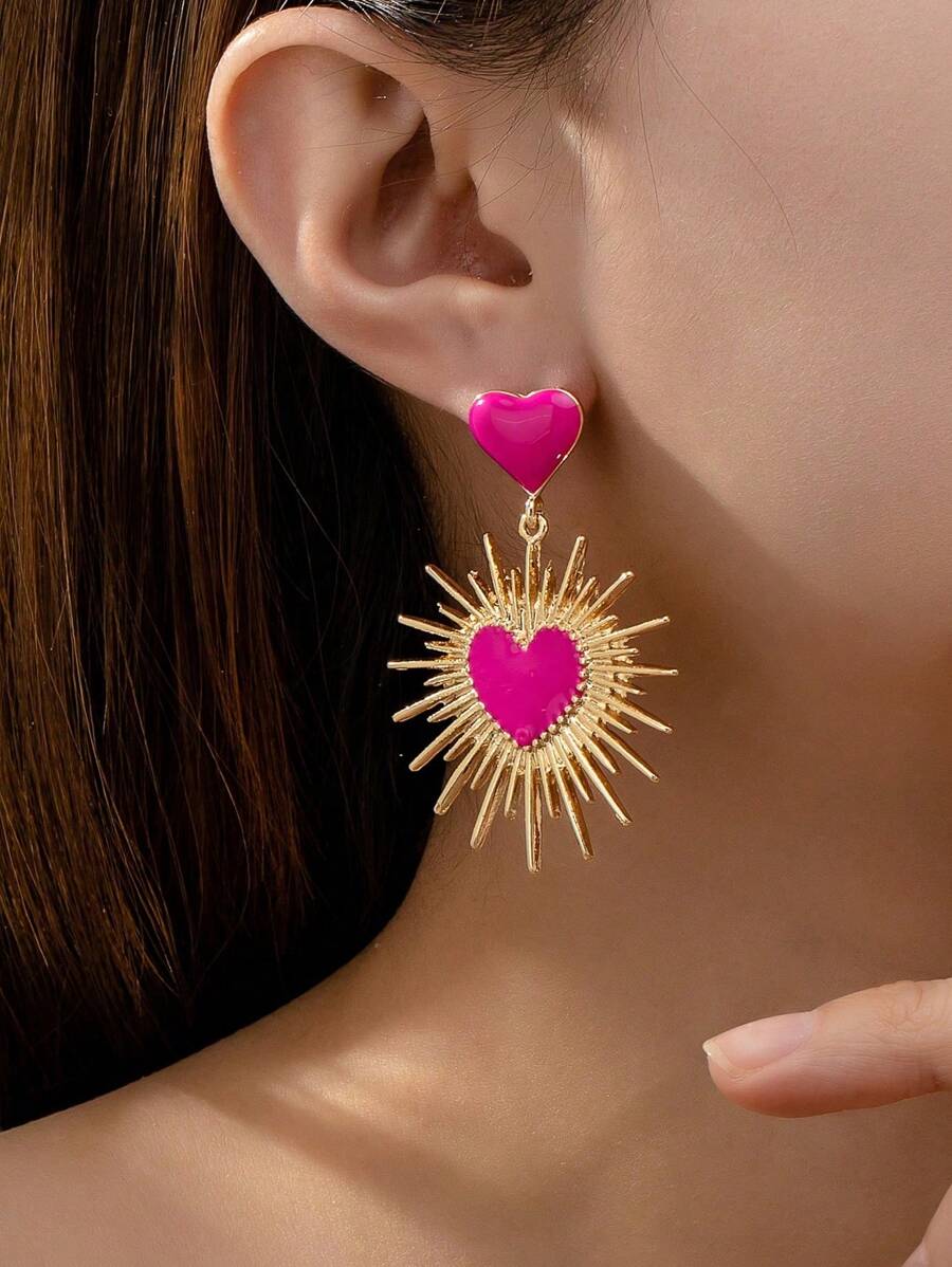 1 par de pendientes minimalistas con Charm geométrico en forma de gota de aceite y corazón, ideal como regalo de San Valentín, Día de la Madre - Rosa Fucsia - Ver 1