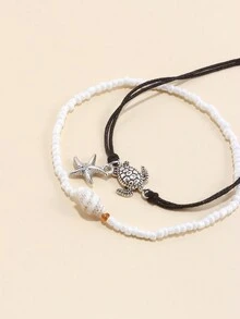 2pcs/Set Rice Pearl Starfish And Sea Shell Anklets - one-size - View 6