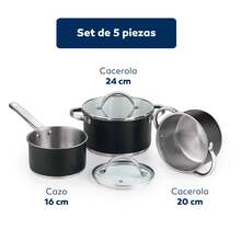 Batterie de cuisine 5 pièces Ø16Ø20Ø24 avec couvercles + Ensemble de poêles Ø16Ø20Ø24 en aluminium pressé San Ignacio - Multicolore - Voir 4