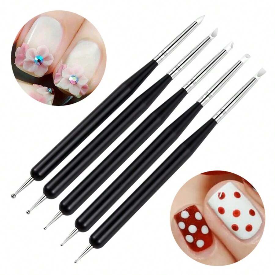 1 Bộ 5 Cọ Vẽ Móng Tay, Bút Chấm Hai Đầu Bằng Silicon Siêu Mềm, Bút Khắc Và Rỗng Công Dụng Kép, Bút Khắc Và Dập Nổi - màu đen - Xem 1
