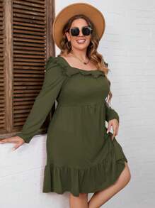 Women's Plus Size A Line High Waist Ruffle Square Neck Belted Long Sleeve Dress Midi Dress With Belted - 軍綠色 - 查看 4
