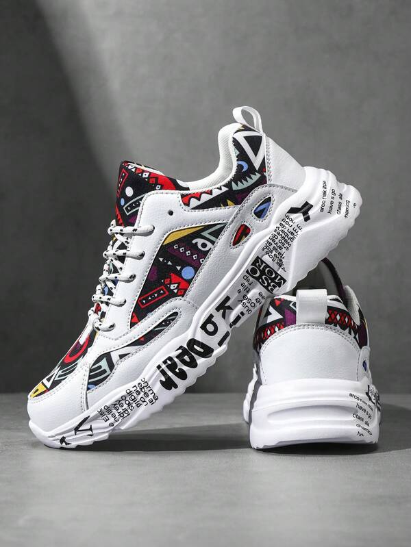 Men's White Sneakers With Graffiti Print, Lace-Up, Comfortable, Lightweight, Round Toe, Versatile, Suitable For Campus, Casual, Sports For Teens And Young Men
