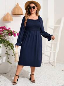 Women Plus Size Casual Dress Pleated Square Neck Long Sleeve Plaid Dress - 藏蓝色 - 查看 4