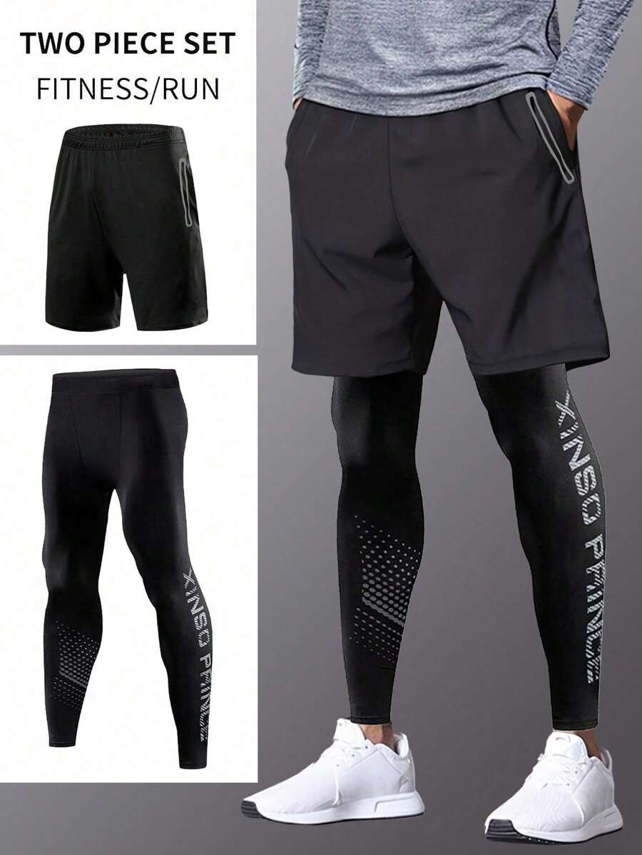 2PCS Boyfriend Style Men High Stretch Sportswear Set - Flexible Leggings & Loose Shorts For Breathable Comfort In Running, Cycling, Basketball & Fitness Training - All-Season Athletic Apparel For Gym Workout