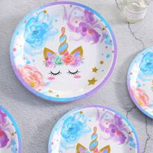 独角兽派对用品套装 - 7/9 英寸紫色花朵独角兽和花朵图案一次性纸盘、独角兽生日派对纸巾、纸杯、独角兽盘子派对用品、圣诞节 - 彩色 - 查看 4