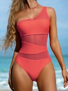 Bañador una pieza de malla en contraste de un hombro malla transparente retazo,Navidad, Regalo de Navidad, Invierno, Día de Acción de Gracias, Decoración Navideña, Maquillaje, Fiesta, Playa, Viajes, Ropa de Vacaciones, Rosa, Años 2000, Ofertas, ,Regalo. - Rosa Fucsia - Ver 2