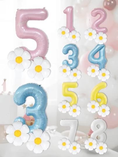3 件/套 40 英寸数字气球，粉色、蓝色、黄色、白色铝箔数字气球，适合 1-9 岁儿童，花朵雏菊气球，生日派对装饰和道具，夏日派对