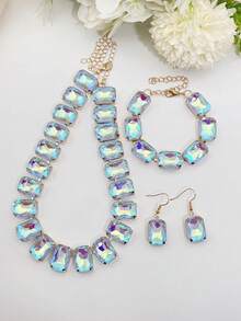4pcs Artificial Crystal Fashionable Mocha Pink & Mocha Blue Earrings, Bracelet, Necklace Set For Women - Crystal Set - View 6