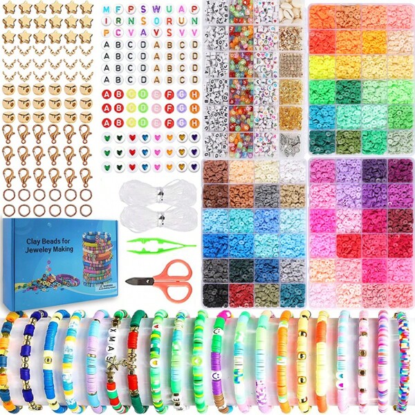 Kit de fabricación de pulseras con cuentas de arcilla para principiantes de 13000piezas/10600piezas/8800piezas/6000piezas/5100piezas/3500piezas/2400piezas/2000piezas, kit de amistad universitaria con letras, que incluye colgantes y cordón elástico, kit de pulsera de letras de cuentas DIY, regalo para fiesta