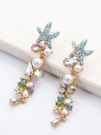 juran 1pair Starfish Shaped Pearl & Rhinestone Earrings For Women Beach Jewellery